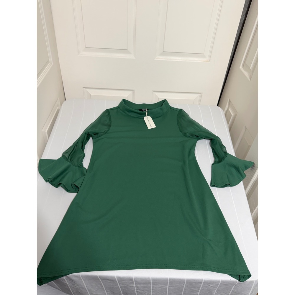 Ador Green Mock Neck Bell Sleeve Mesh Panel Shift Dress Womens Medium NWT